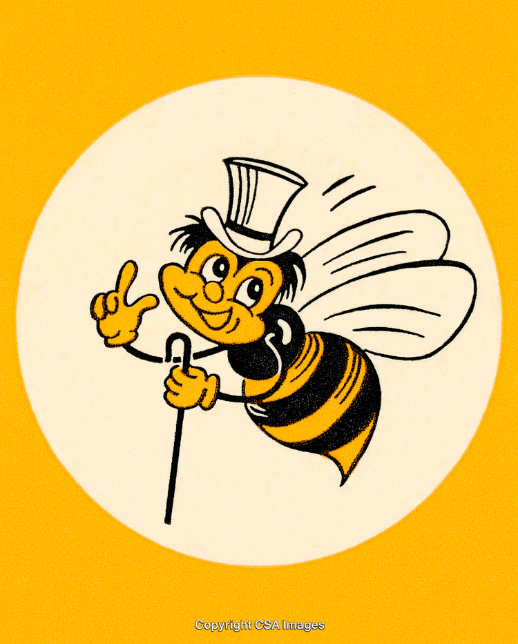 Cartoon Bee Character With Top Hat and Cane On Yellow Background