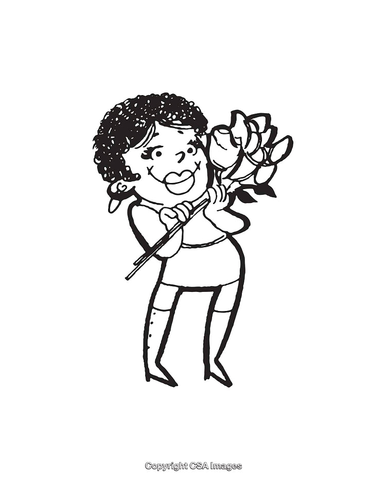 Cute Line Art of Child Holding a Bouquet of Flowers and Smiling