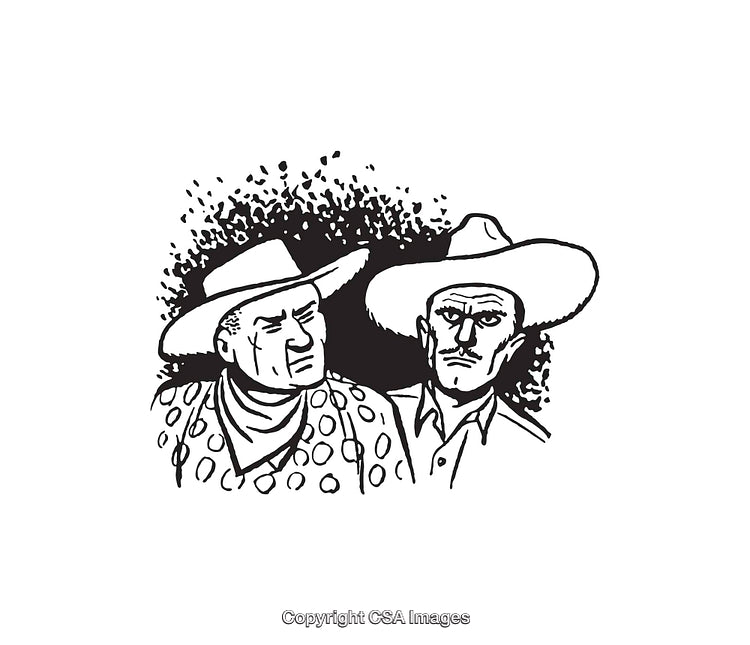 Vintage Line Art Illustration of Two Men Wearing Traditional Hats