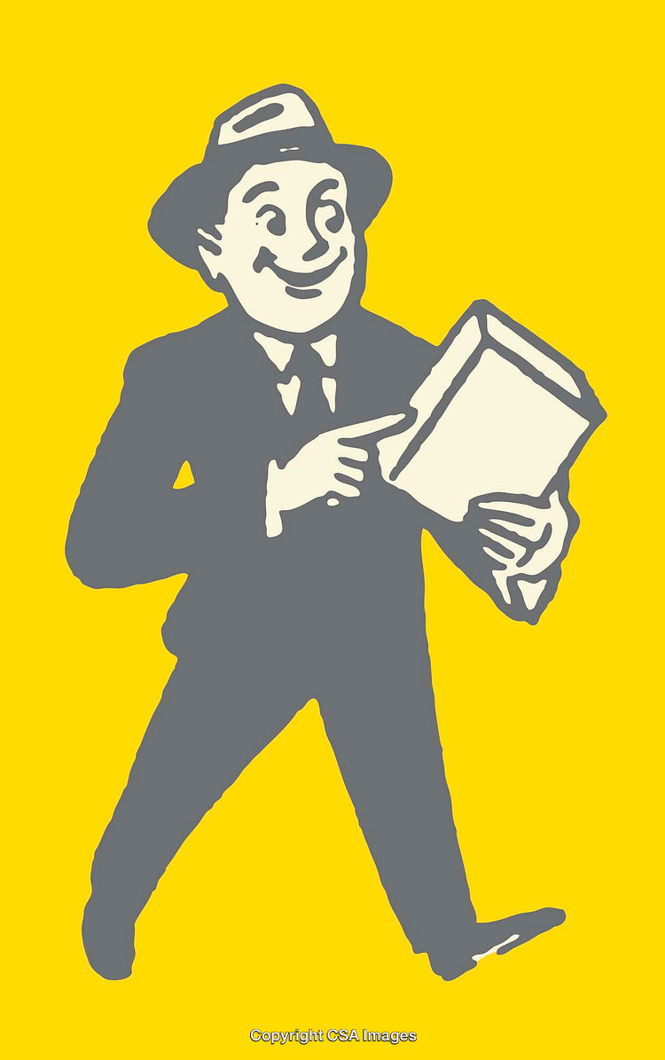 Retro Illustration of a Happy Man Holding a Book on Yellow Background