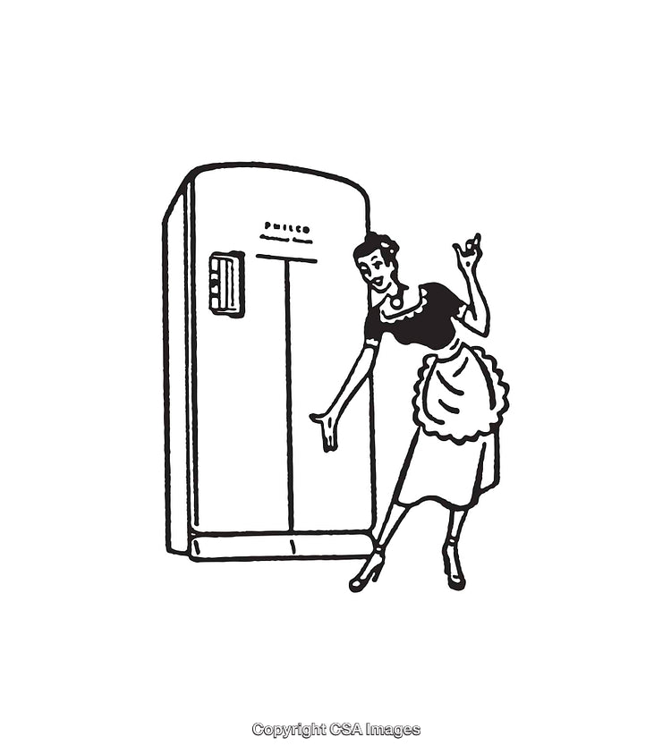 Vintage Black and White Illustration of a Woman with a Retro Refrigerator