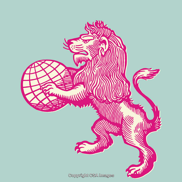Lion Holding Globe Line Art Illustration in Pink and Teal