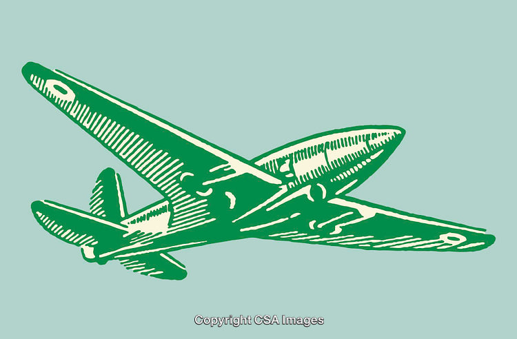 Vintage Green Line Art Illustration of an Aircraft in a Clear Sky