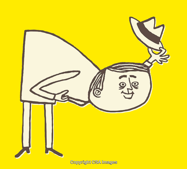 Whimsical Character Bows Tipping Hat in Cheerful Yellow Illustration