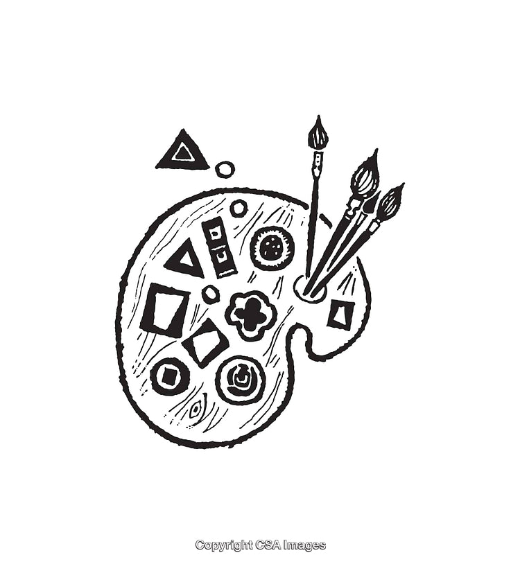 Hand-Drawn Artist's Palette with Brushes and Geometric Shapes
