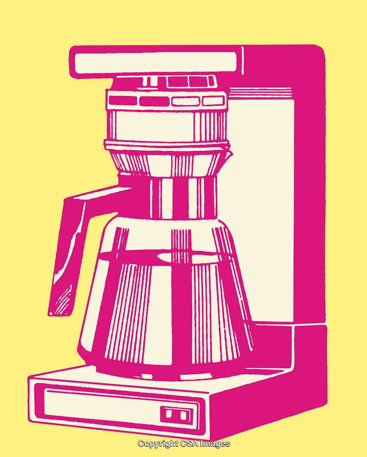 Vibrant Pink Coffee Maker Illustration on Bright Yellow Background