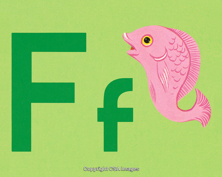 Alphabet Letter F with Fish Illustration on Green Background