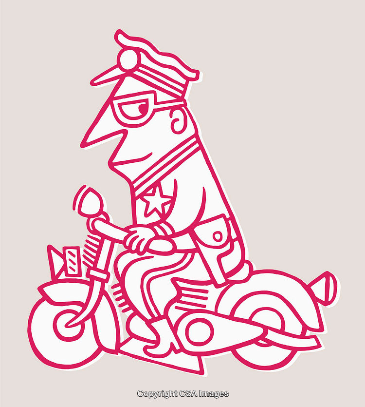 Cartoon Line Art Illustration of Police Officer Riding a Motorcycle