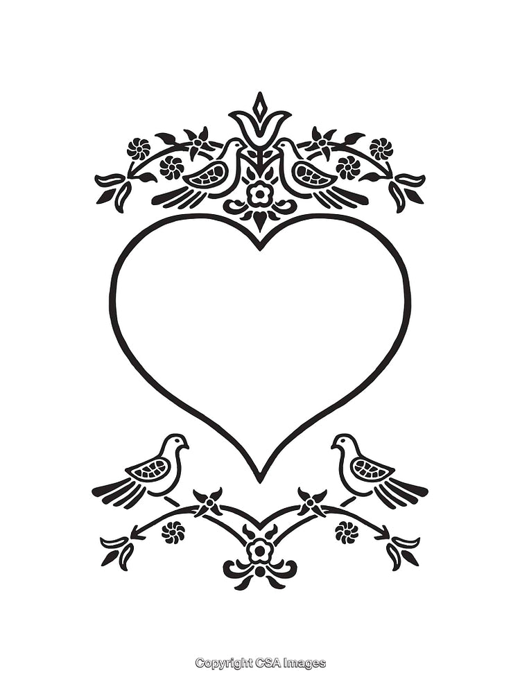 Elegant Heart Design with Birds and Floral Patterns in Black and White