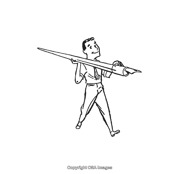 Retro Styled Line Art of Person Holding an Oversized Fountain Pen