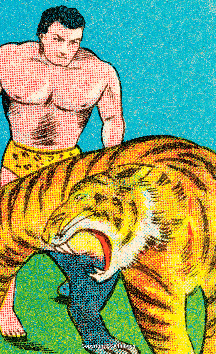 Hero Confronting a Fierce Tiger in Vintage Illustration Artwork