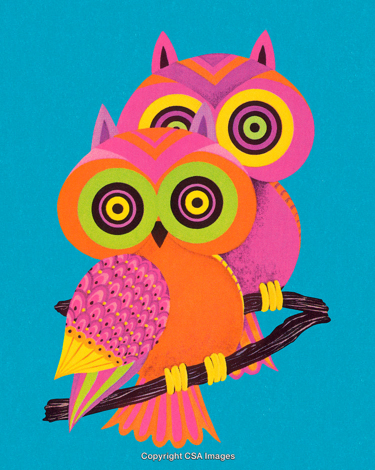 Vividly Colored Owl Illustration Featuring Whimsical Patterns and Bright Color Scheme