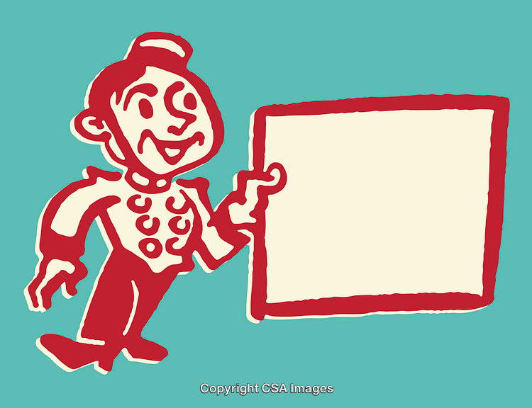 Retro Styled Cartoon Character Holding Blank Sign on Teal Background