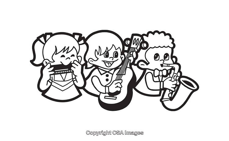 Black and White Line Art of Children Playing Musical Instruments