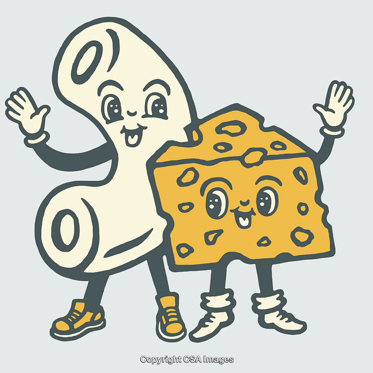 Cute Cartoon Macaroni and Cheese Characters with Smiling Expressions