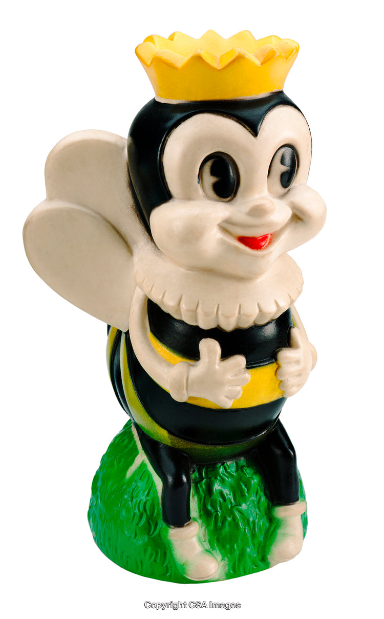 Cheerful Bumblebee Figurine Toy with Crown on Green Grass Base
