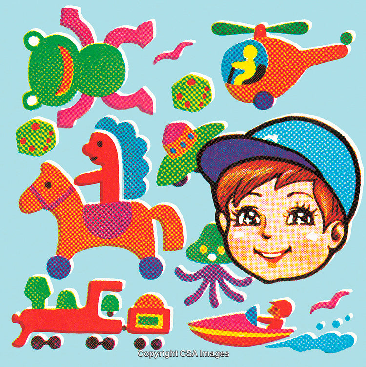 Retro Cartoon Illustration Featuring Toys, Helicopter, Child's Face, and Playful Elements