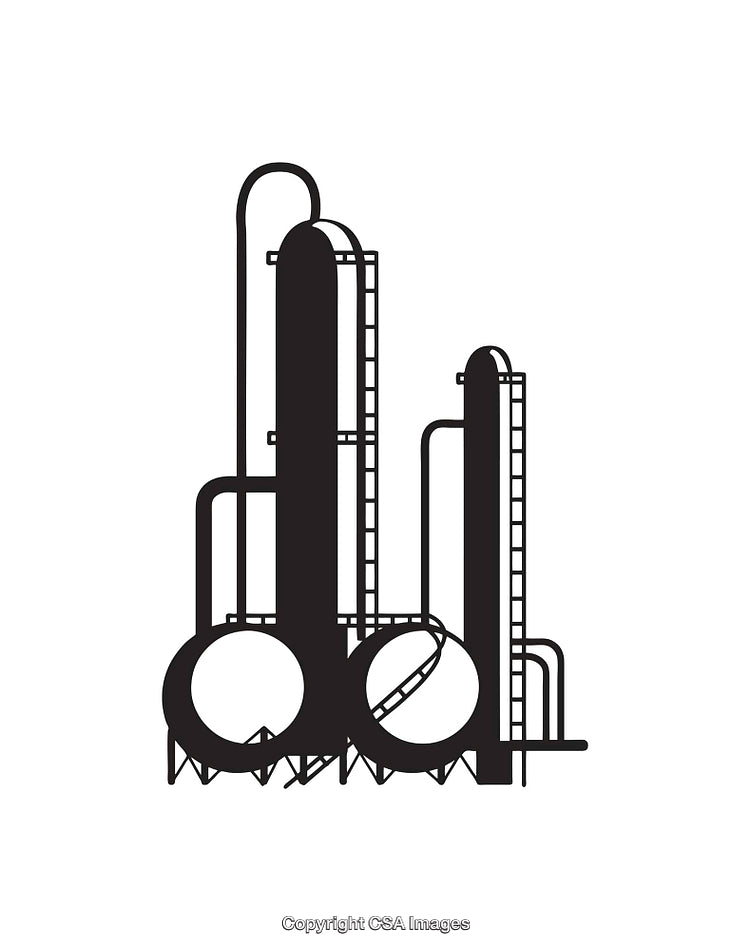 Industrial Plant Icon with Tanks and Pipelines in Black and White Design