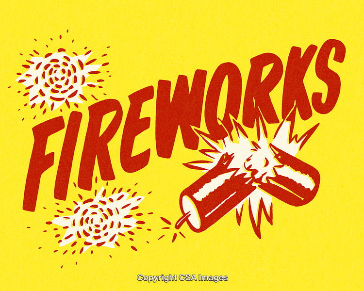 Vibrant Retro Fireworks Illustration with Explosions and Bright Yellow Background
