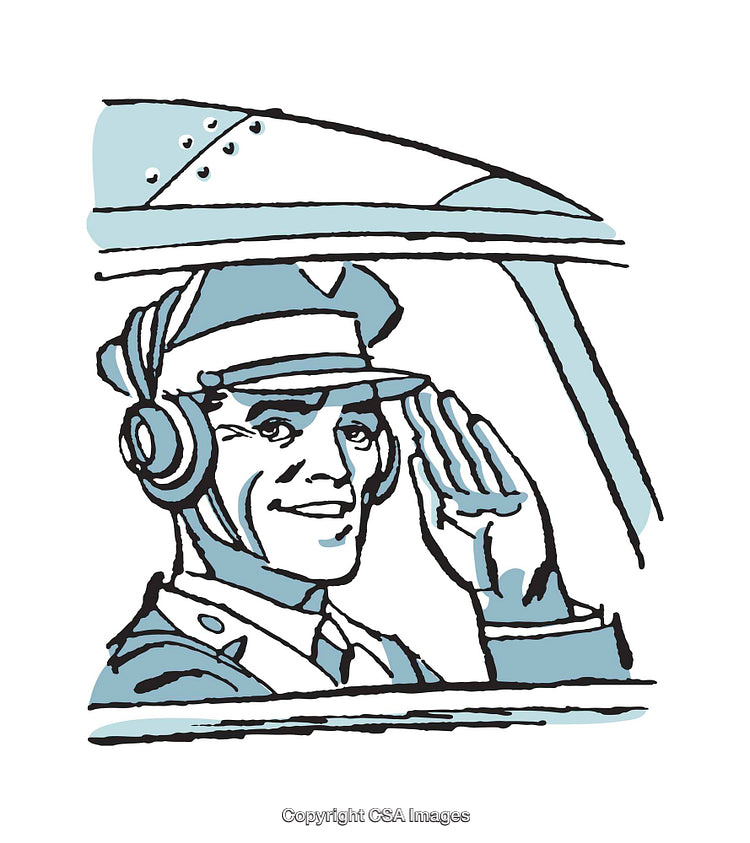 Color Illustration of a Smiling Pilot in a Cockpit Saluting