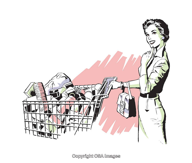 Retro Illustration of Woman Shopping with a Filled Cart