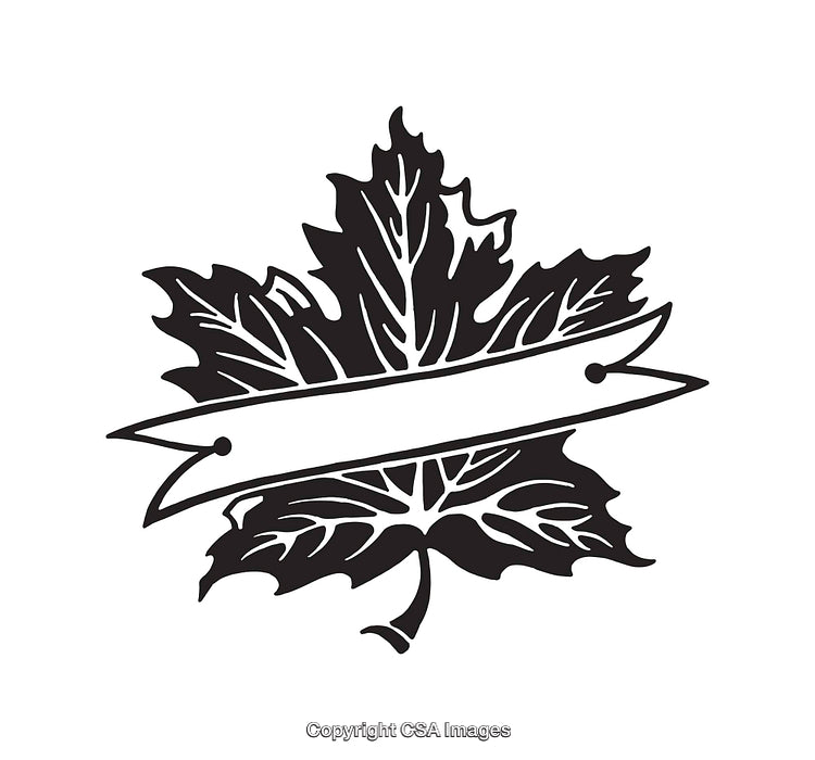 Black and White Line Art of a Maple Leaf with Blank Banner