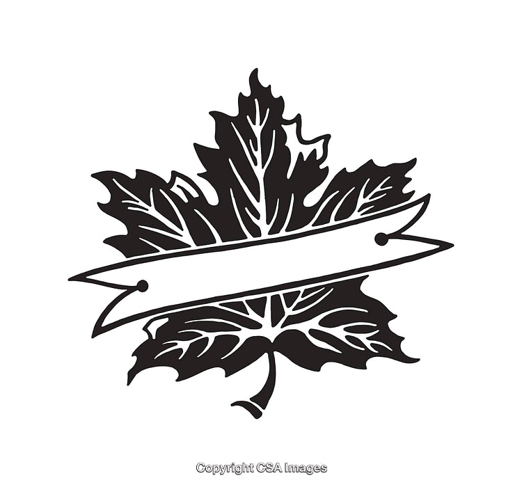 Black and White Line Art of a Maple Leaf with Blank Banner