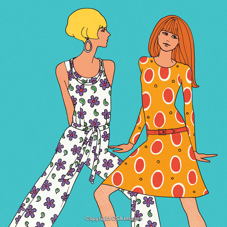 Retro Style Fashion Illustration Featuring Colorful Patterns and Vintage Dresses