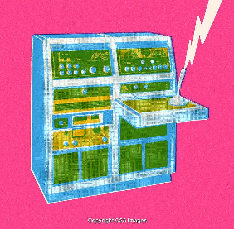 Retro Styled Electronic Equipment With Vibrant Pink Background and Artistic Lightning Effect