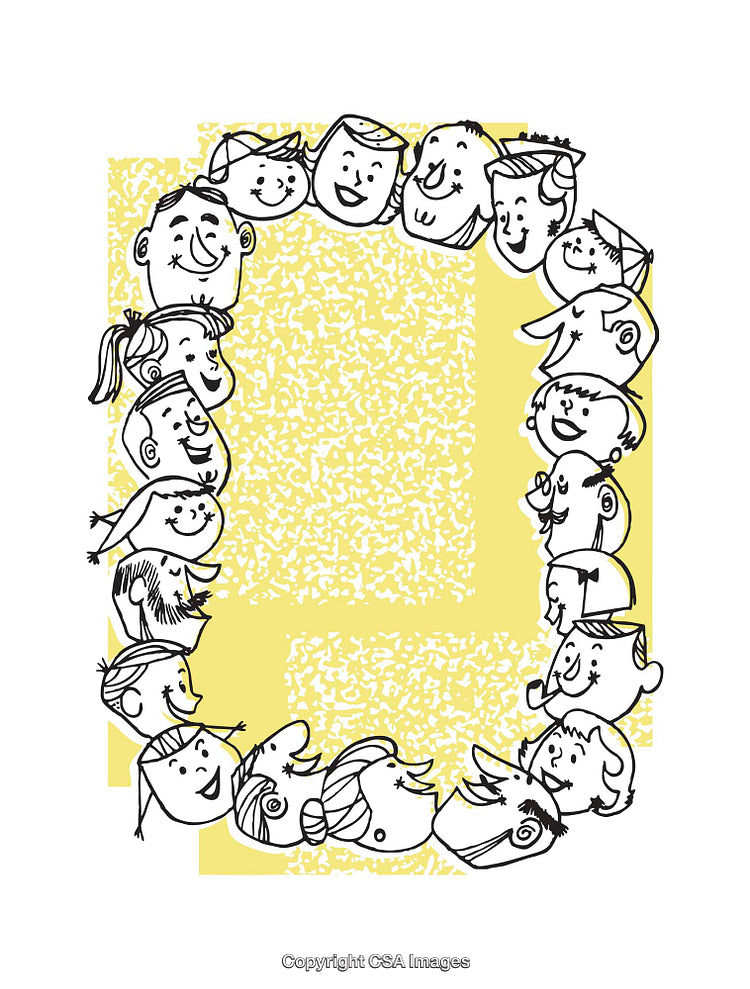 Playful Cartoon Faces Forming a Circular Frame with Yellow Background