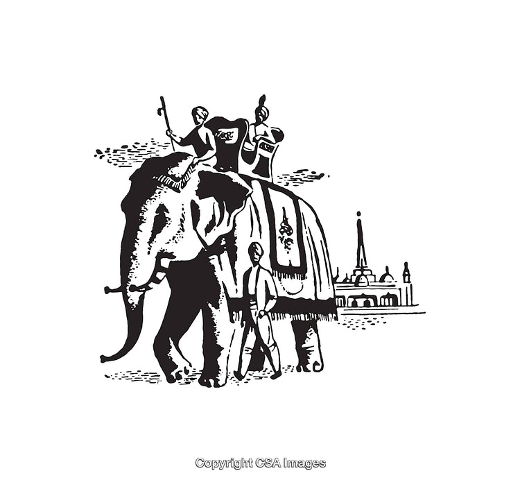 Black And White Illustration of Elephant Procession and Architectural Landscape