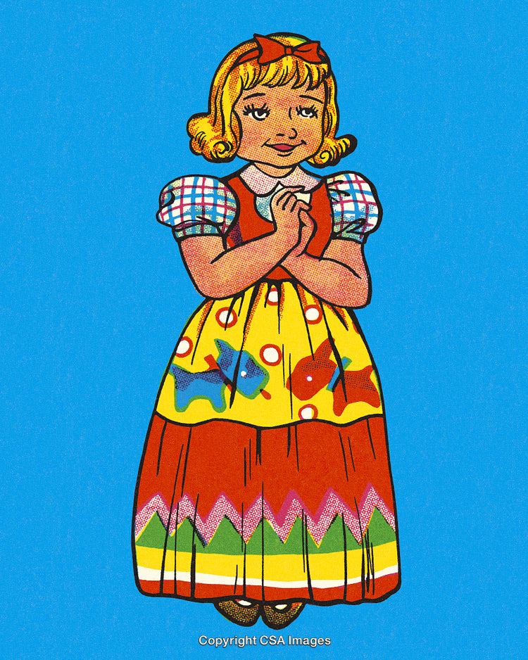 Colorful Illustration of a Smiling Girl in a Playful Outfit on Blue Background