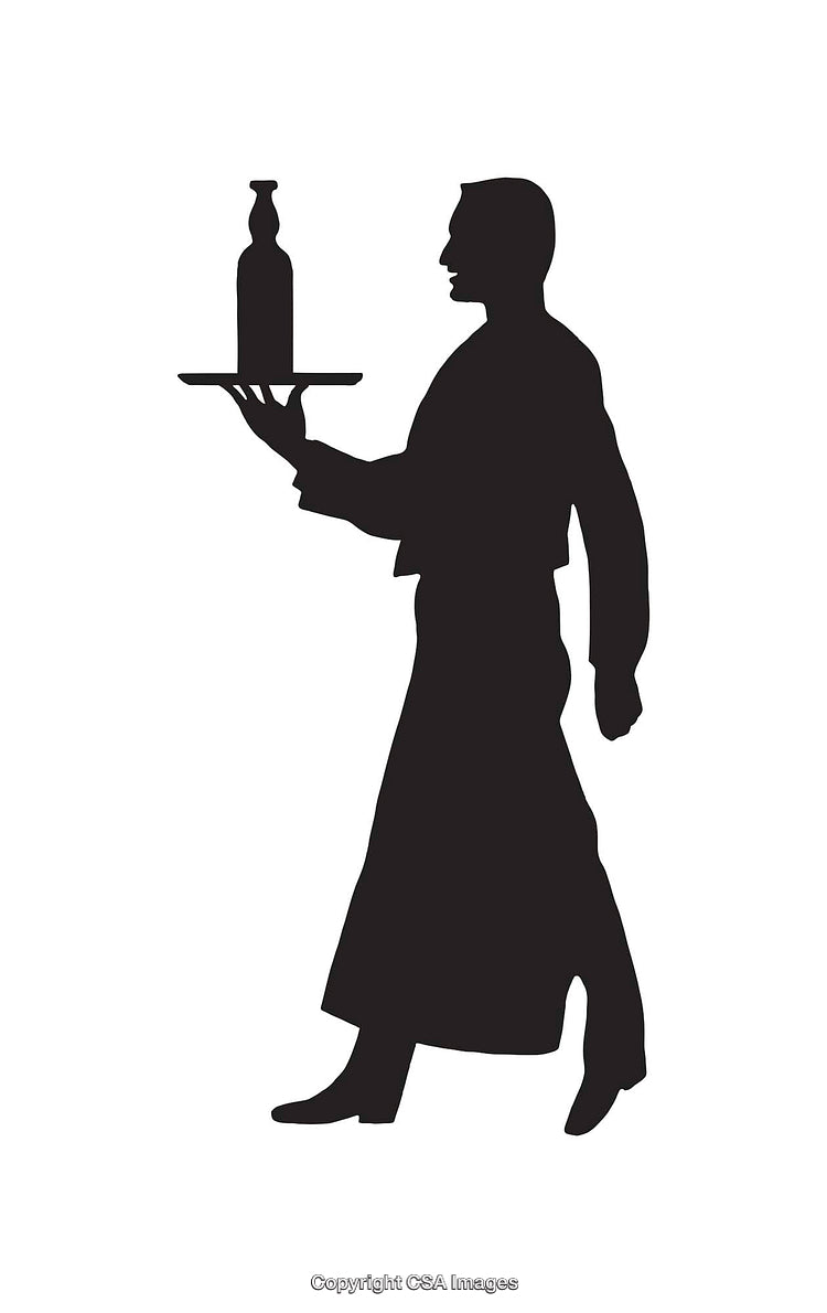 Silhouette of a Waiter Carrying a Tray with a Bottle