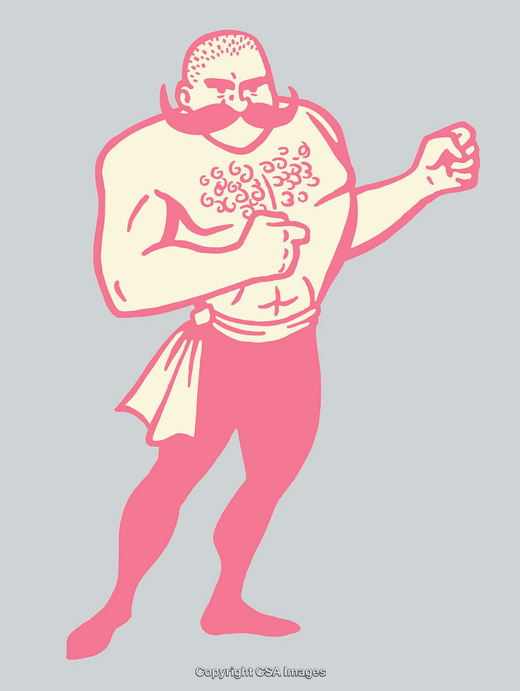 Colorful Hand-Drawn Illustration of a Mustached Boxer in Fighting Stance