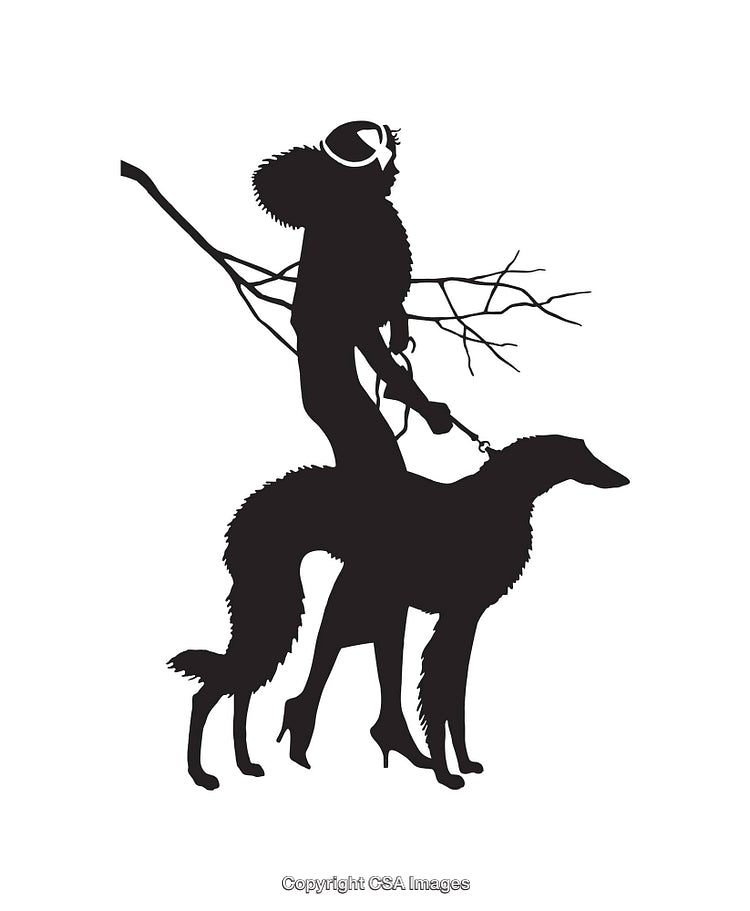 Black and White Icon of Stylish Woman Walking a Dog Silhouette