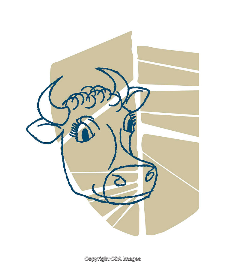 Playful Line Drawing of a Cow with Abstract Geometric Background