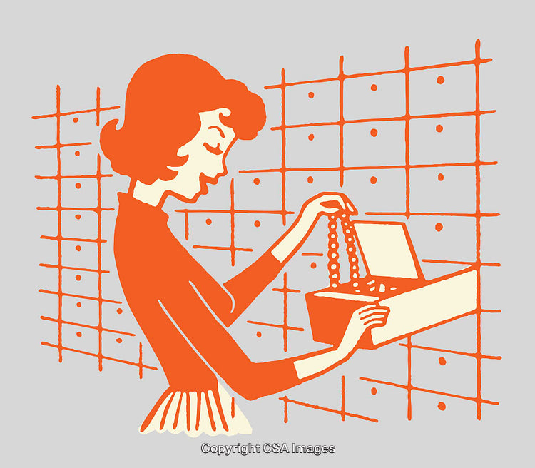 Vintage Illustration of Woman Handling Jewelry Box with Pearls