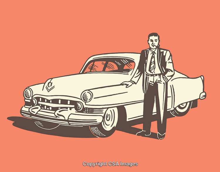 Vintage Illustration of a Gentleman with Classic Car in Retro Style