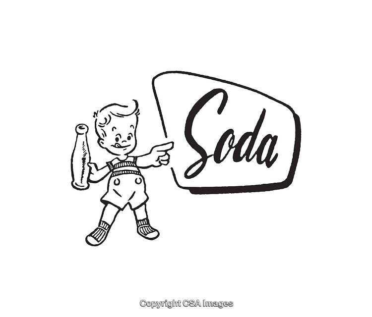 Vintage Line Art of Boy Holding Soda Bottle and Slogan