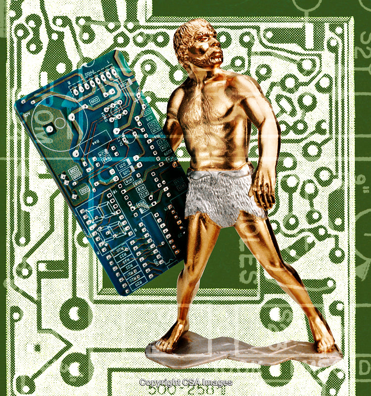 Gold Caveman Standing Against Circuit Board Holding an Electronic Component