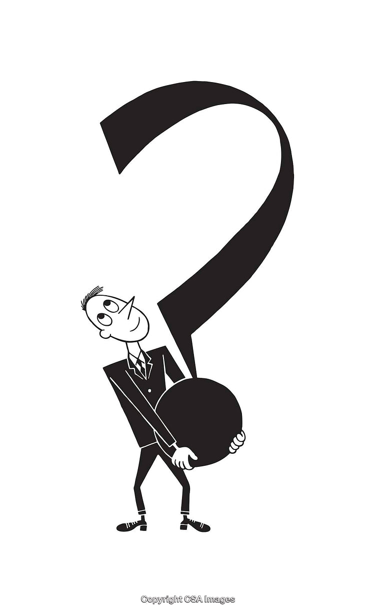 Businessman Holding a Giant Question Mark in Black and White Illustration