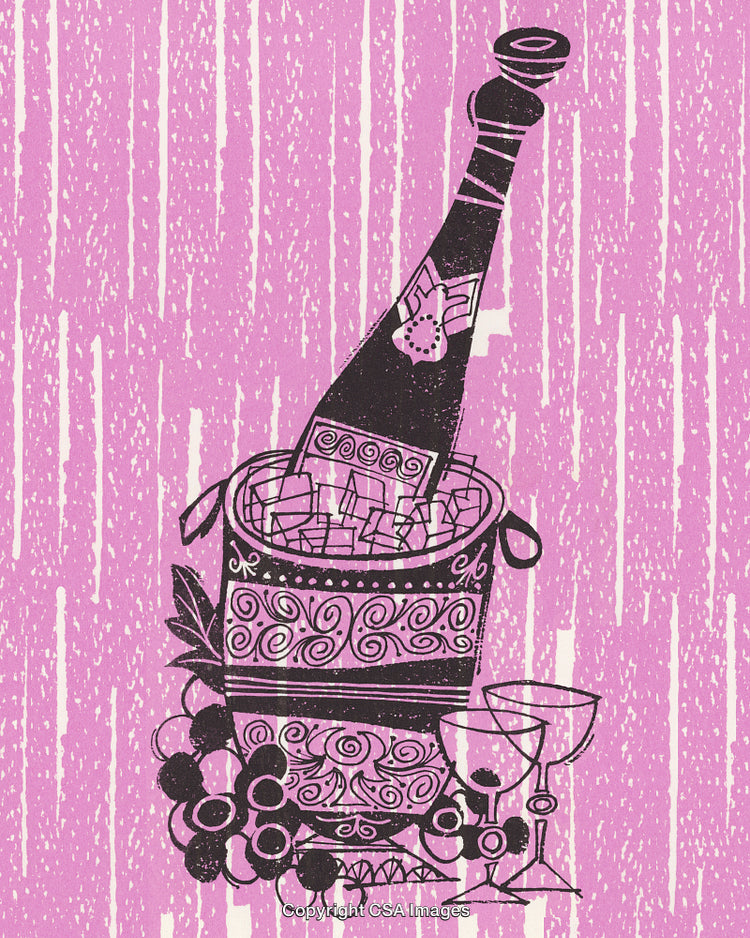 Illustration of Champagne Bottle in Ice Bucket with Decorative Glasses