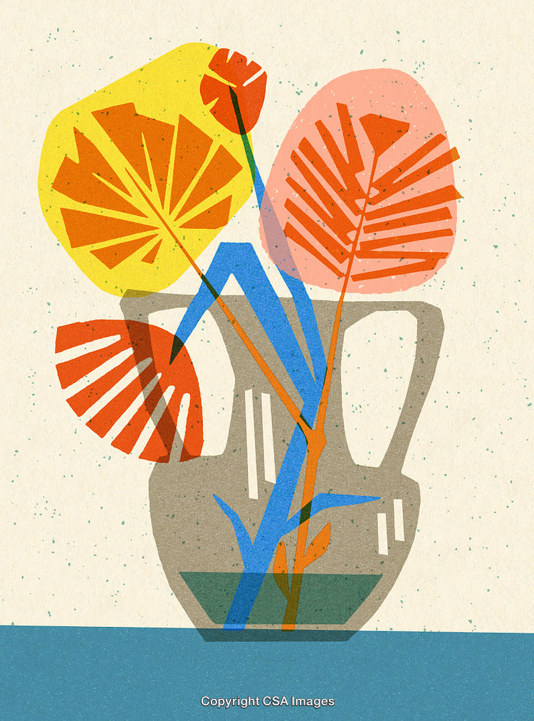 Modern Abstract Art of Colorful Leaves in a Vase with Geometric Shapes