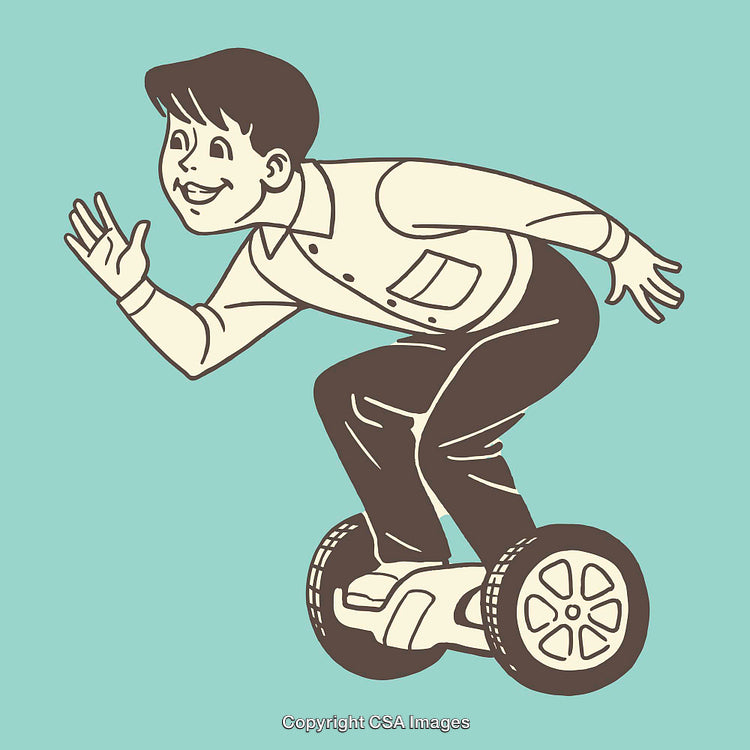 Retro Illustration of a Happy Man Riding on a Hoverboard