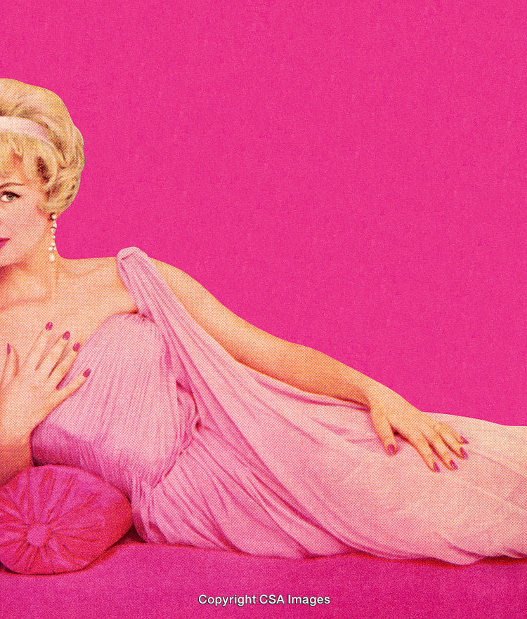 Elegant Woman Reclining in a Pink Gown Against a Vibrant Background