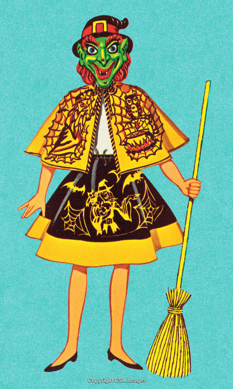 Vintage Halloween Witch Costume Illustration with Bright Colors and Spooky Details