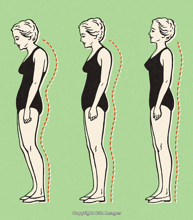 Illustration of Three Standing Postures with Highlighted Spine Alignment on Green Background