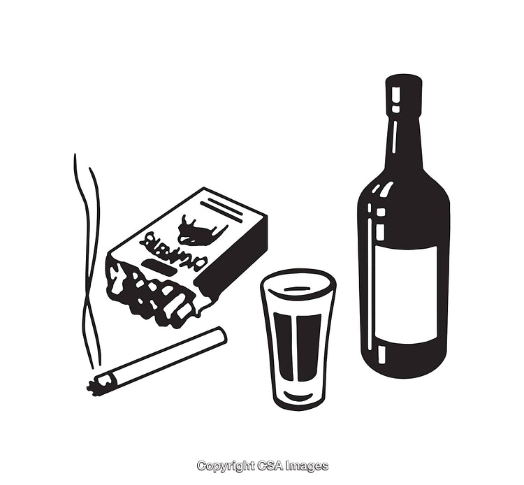 Black-and-White Vector Illustration of Cigarette, Liquor Bottle, and Glass