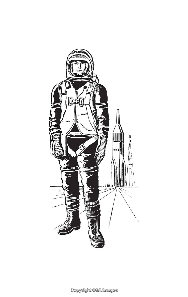 Black and White Line Art of an Astronaut and Rocket Illustration