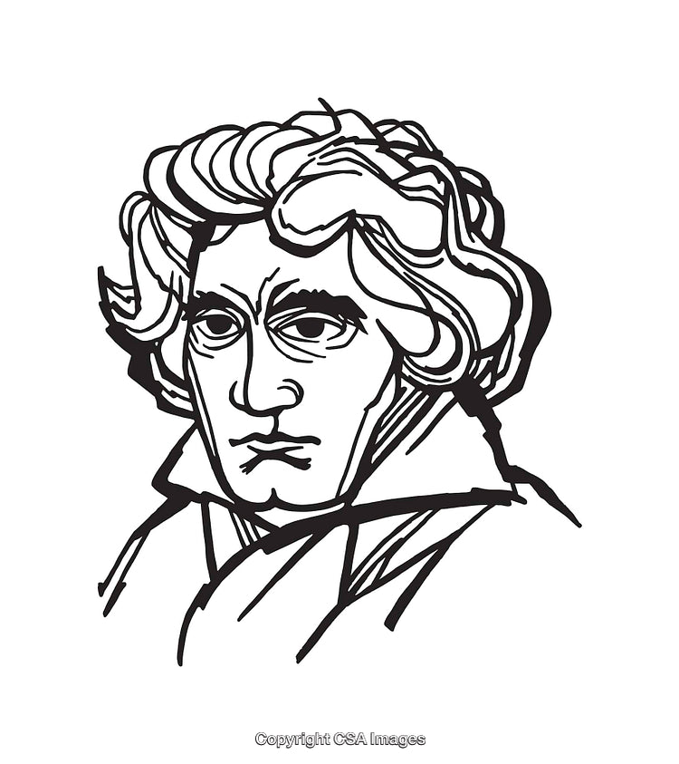 Detailed Black and White Line Art Illustration of a Historical Figure
